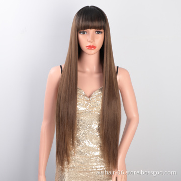 Aisi Hair Wholesale Cheap Vendor Long Silky Straight Wave Ombre Brown Wig With Bangs For Black Women Synthetic Hair Wigs